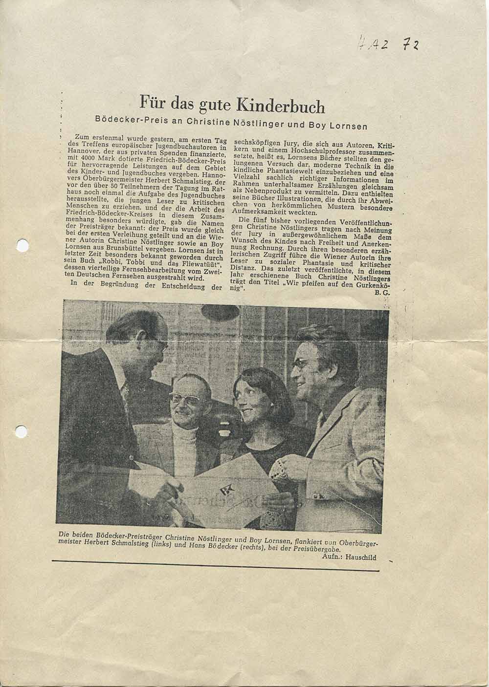 Bödecker_Preis_Feuerrote Friederike_Hannover Zeitung_1972 .